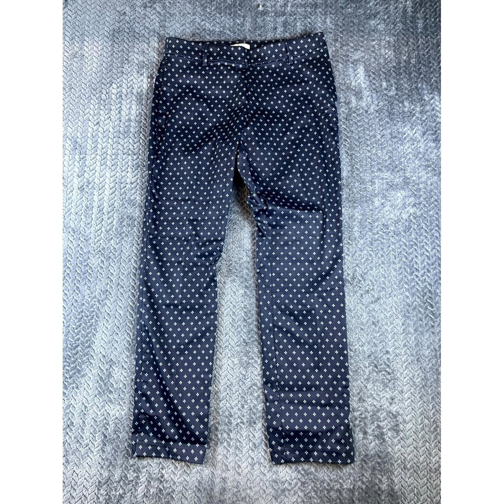 H&M Ankle Pants Women 10 Navy Blue Geometric Cotton High Rise Flat Front Pull On